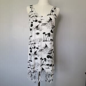 Lagaci Fringe Tank Top Women M Black White Tropical Palms Cover Up Casual Cotton